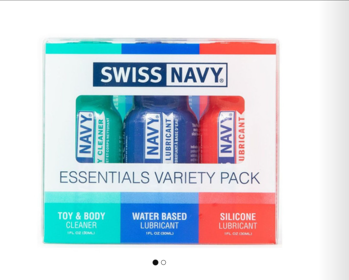 Swiss Navy Essentials Variety Pack containing three lubricants: a teal toy and body cleaner, a blue water-based lubricant, and a red silicone lubricant, shown in its clear plastic packaging.
